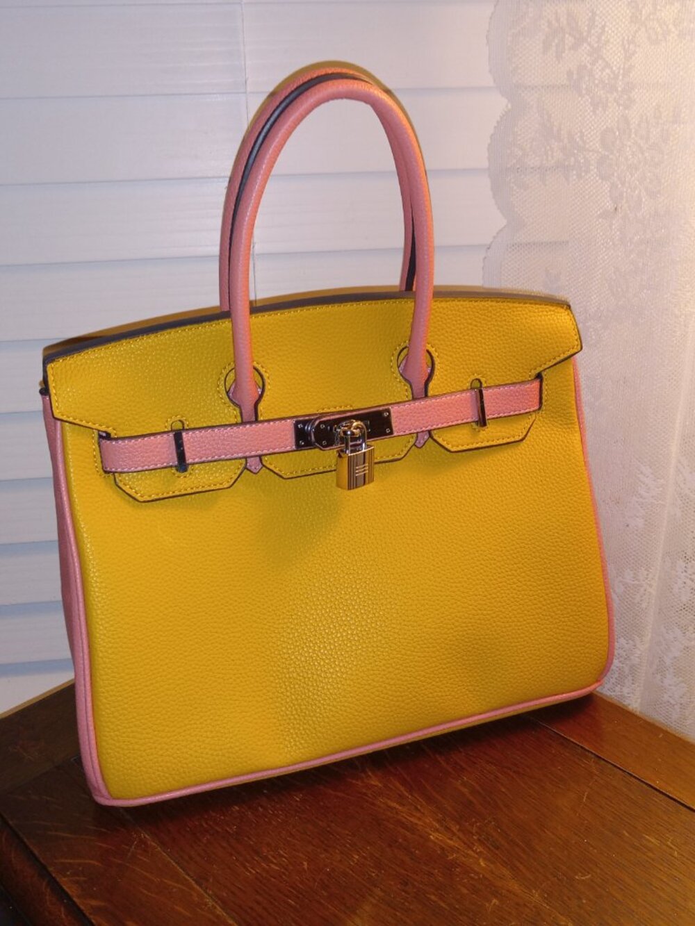 Birkin 30 inspired two-tone contrast handbag in golden yellow & pink